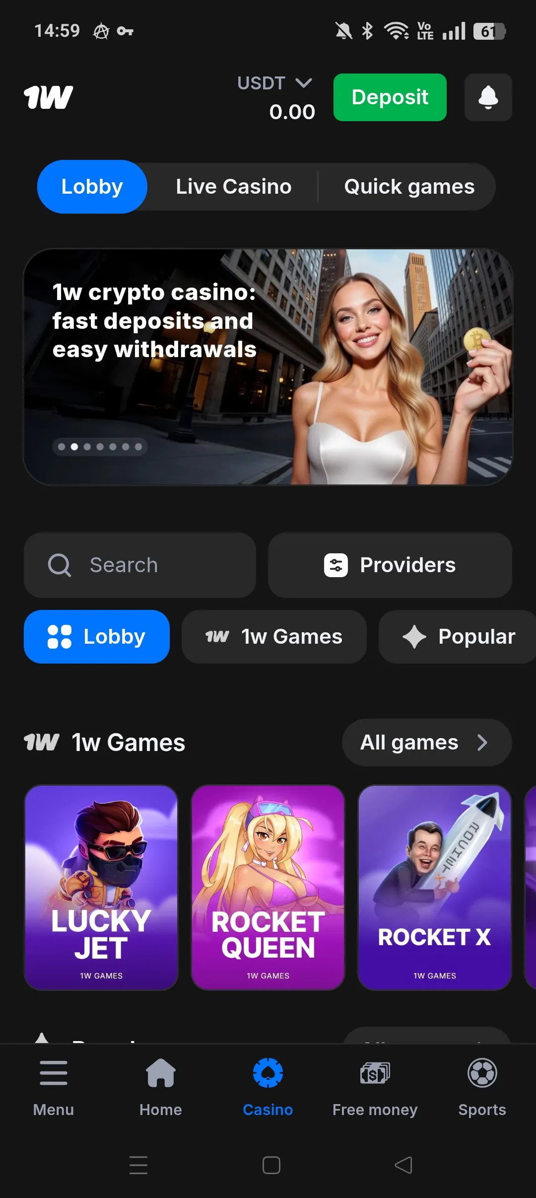 1win mobile live-casino home with quick filters