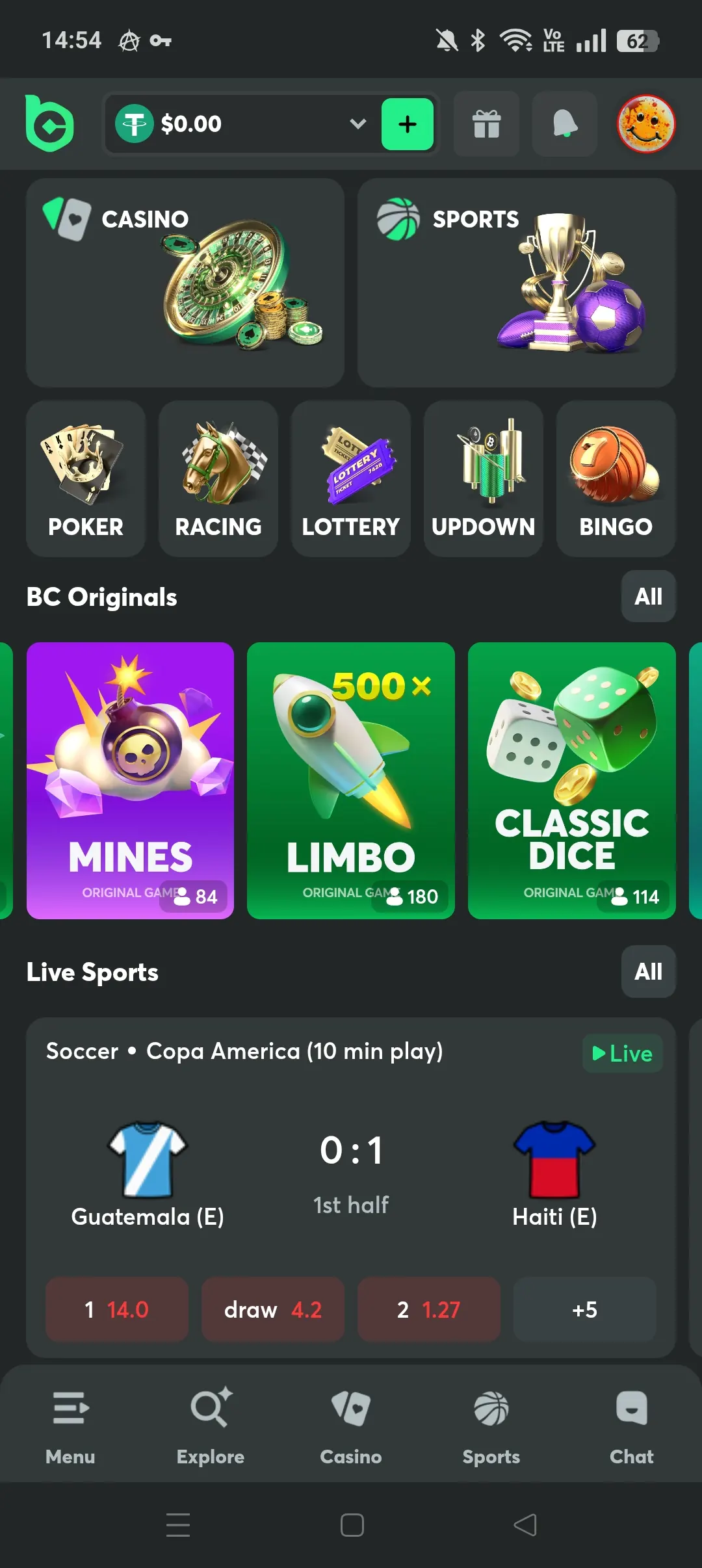 BC.Game mobile casino lobby with slot categories and quick actions
