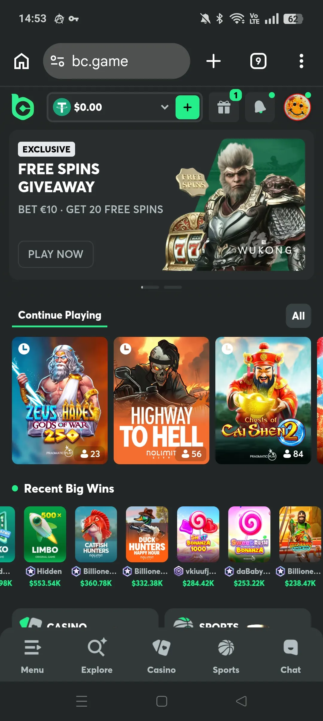 BC.Game mobile home with promo header and featured games