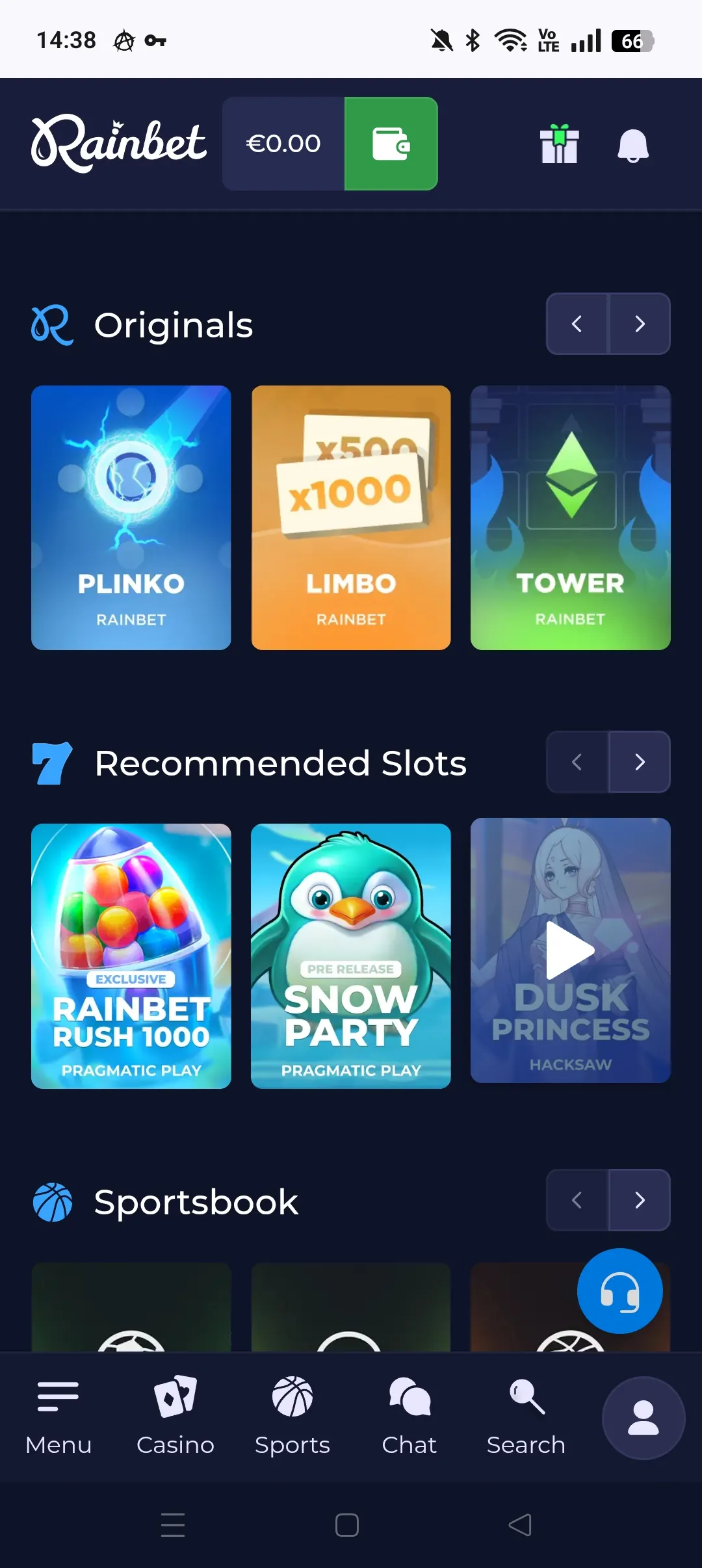 Rainbet mobile casino lobby with originals and recommended games