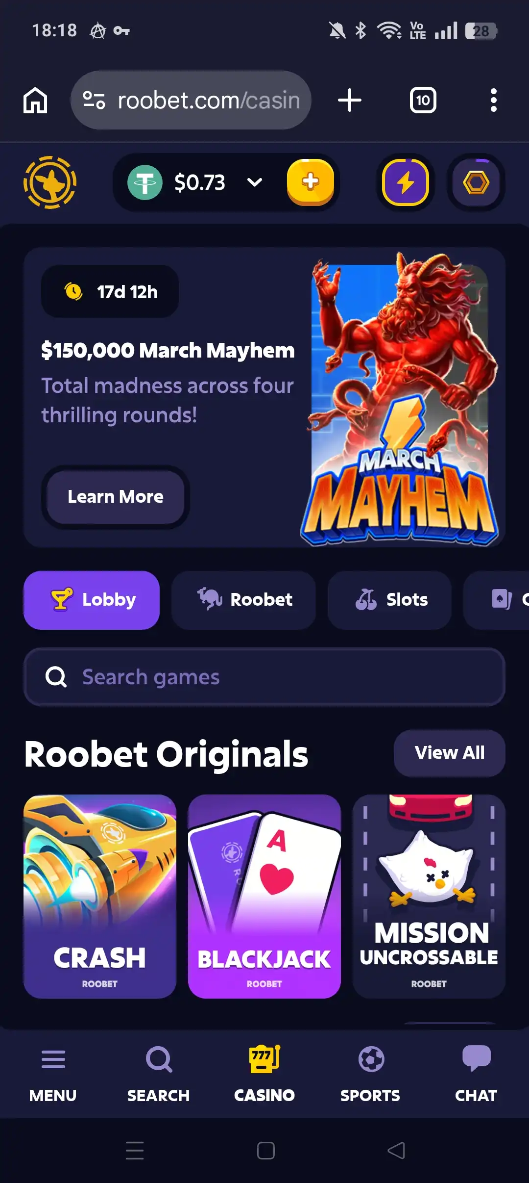 Roobet mobile casino lobby with game search and originals row
