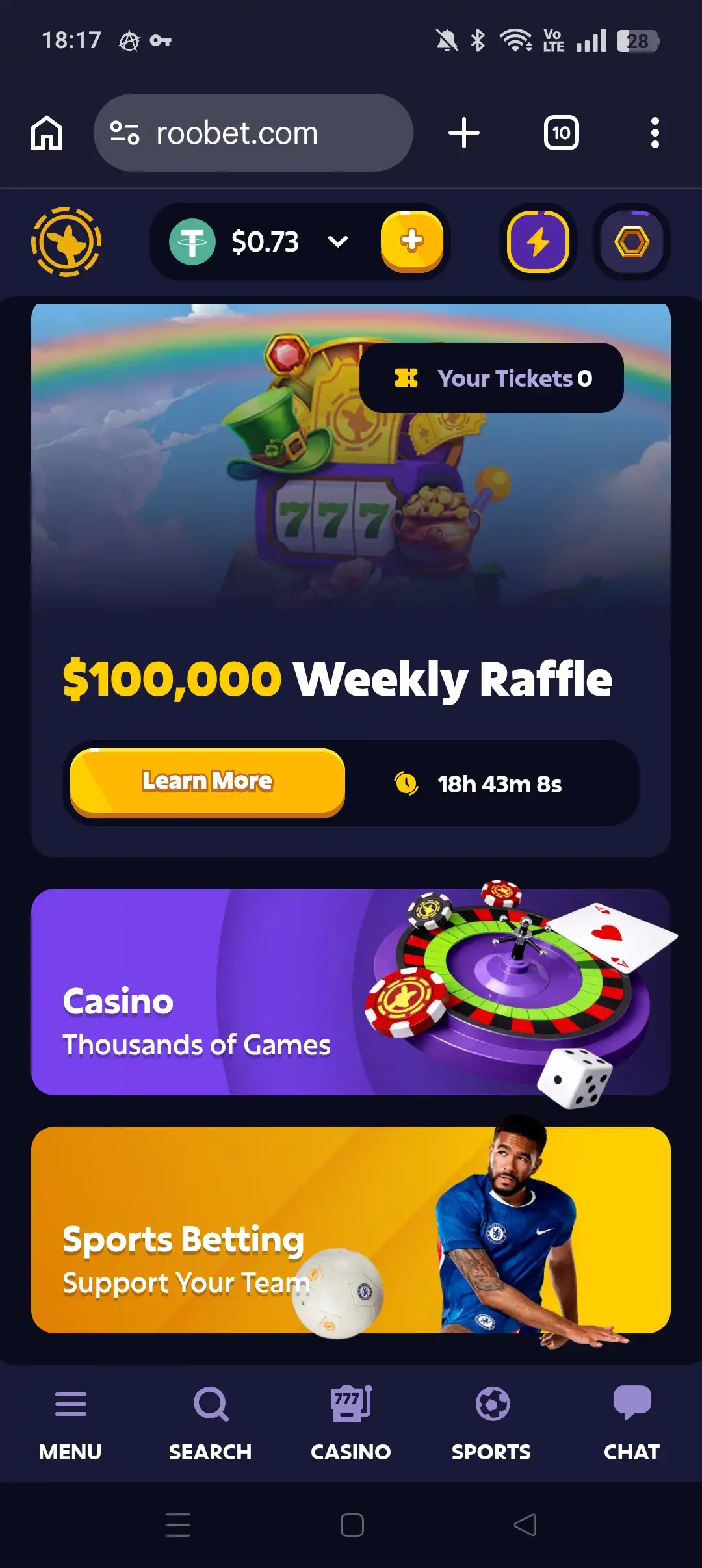 Roobet mobile home feed with quick category cards