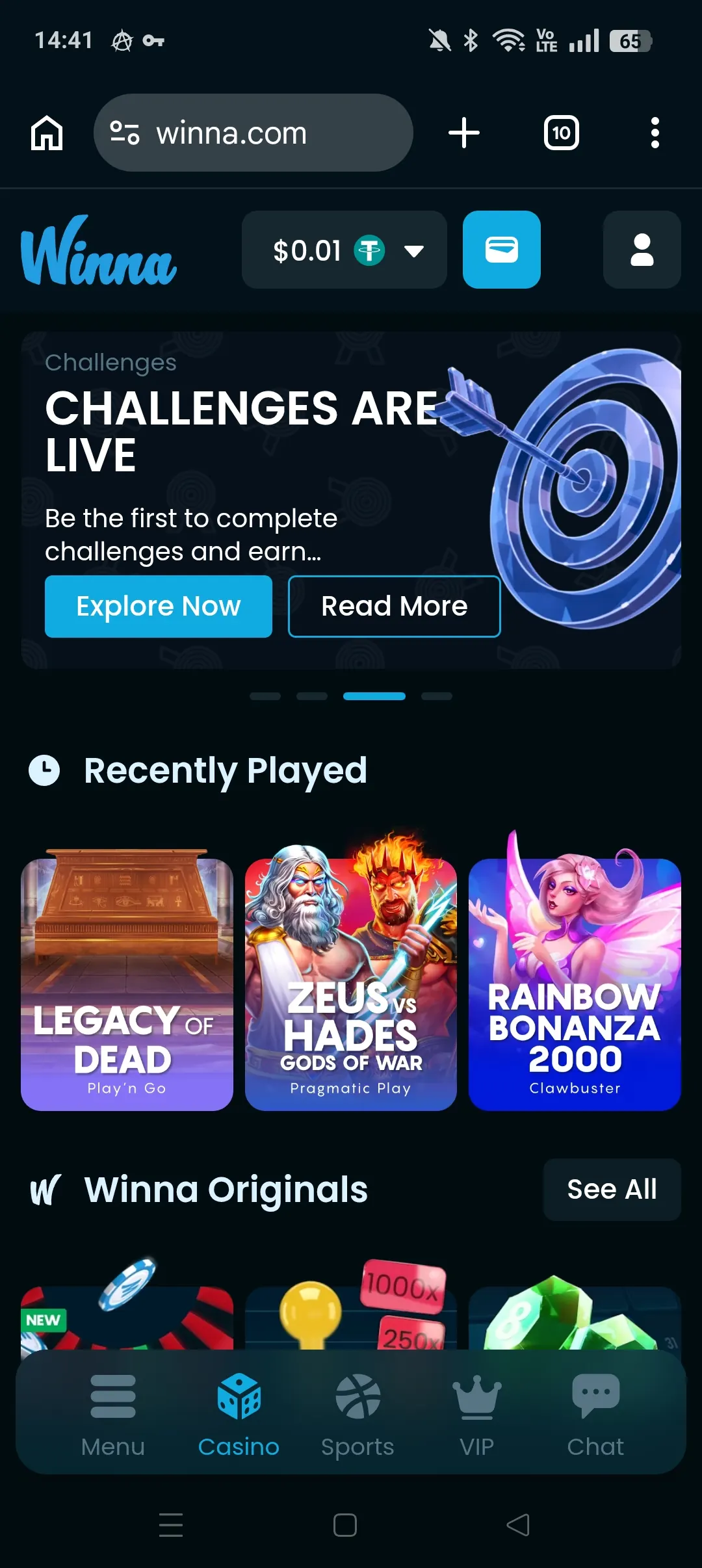 Winna mobile home with challenges and recent play widgets