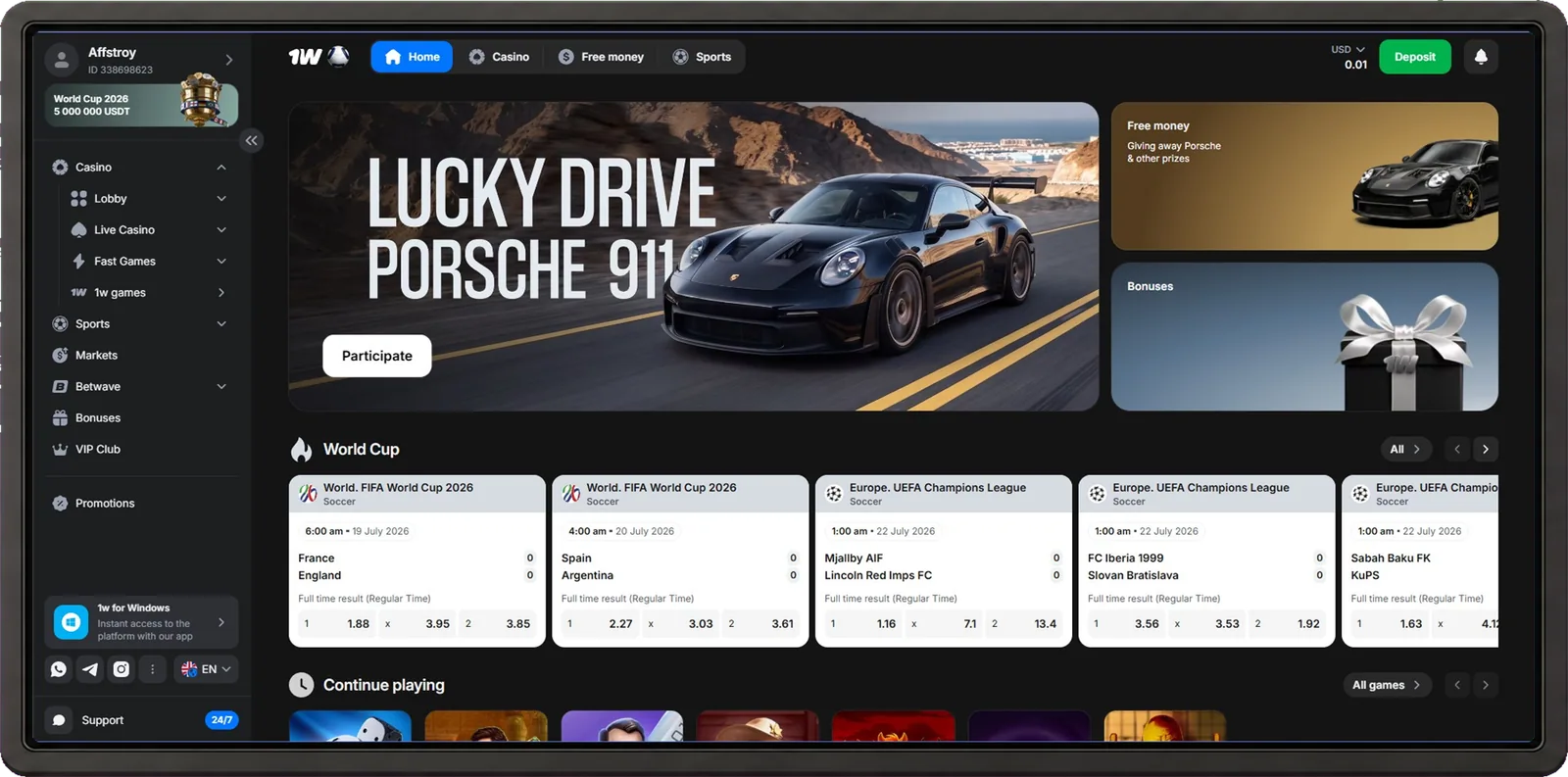 1win casino desktop interface