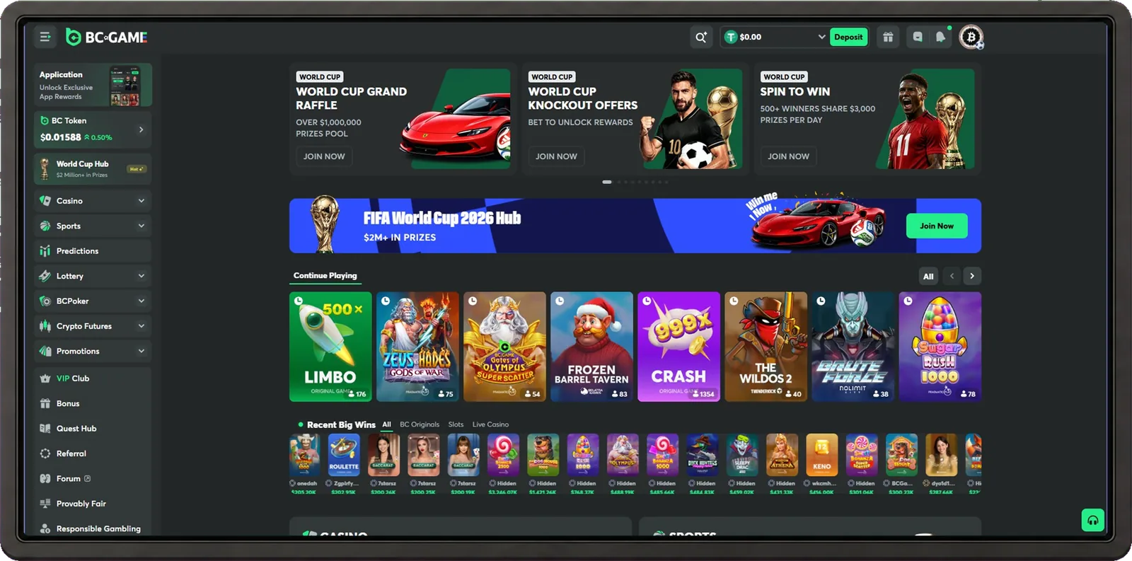 BC.Game casino desktop interface
