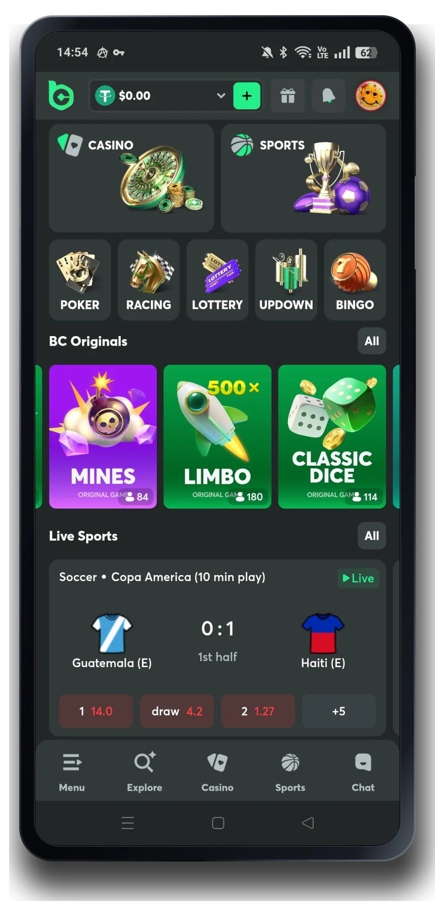 BC.Game casino mobile interface