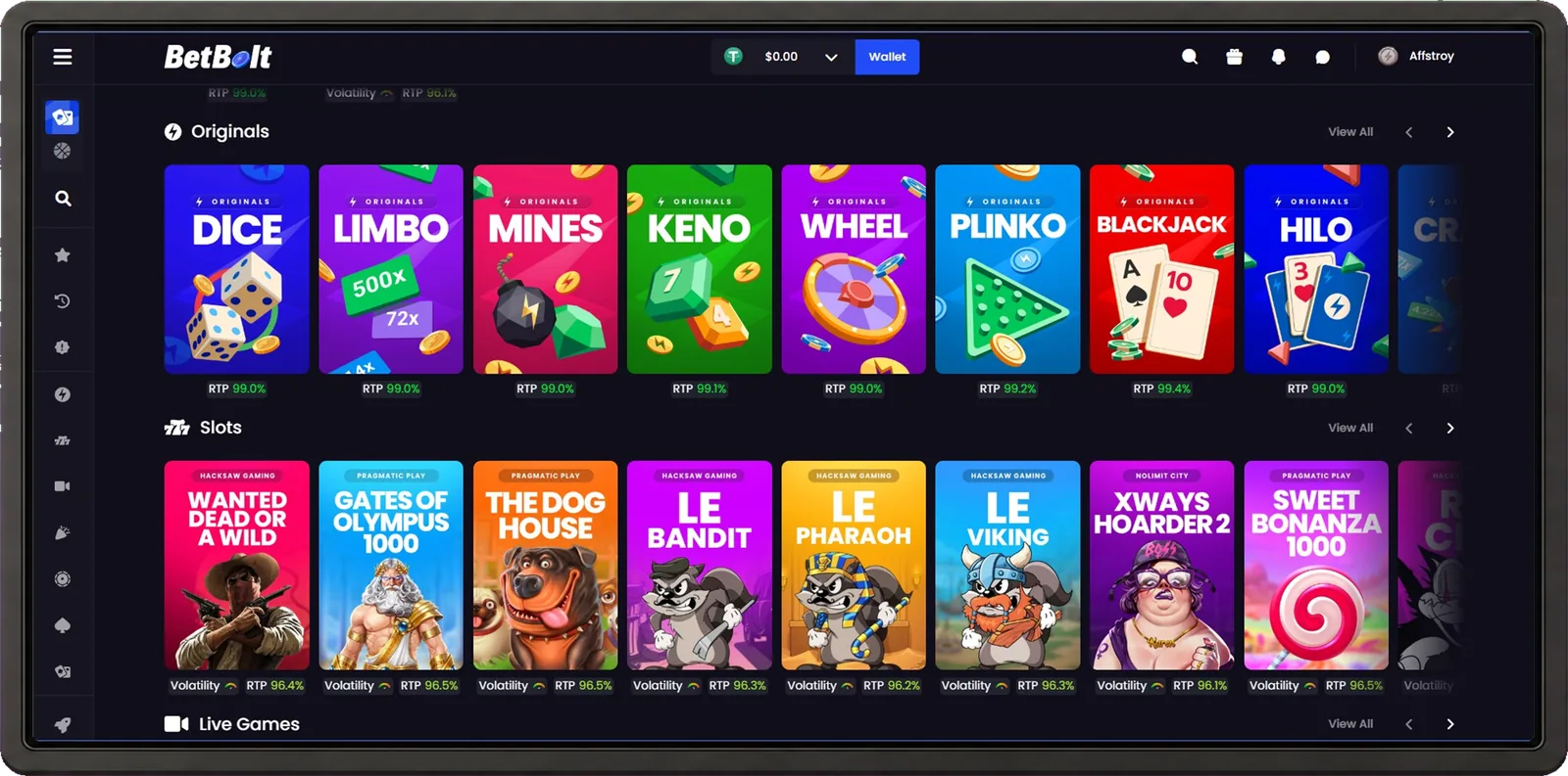BetBolt casino desktop interface