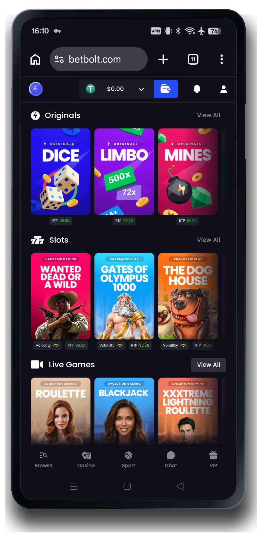 BetBolt casino mobile interface