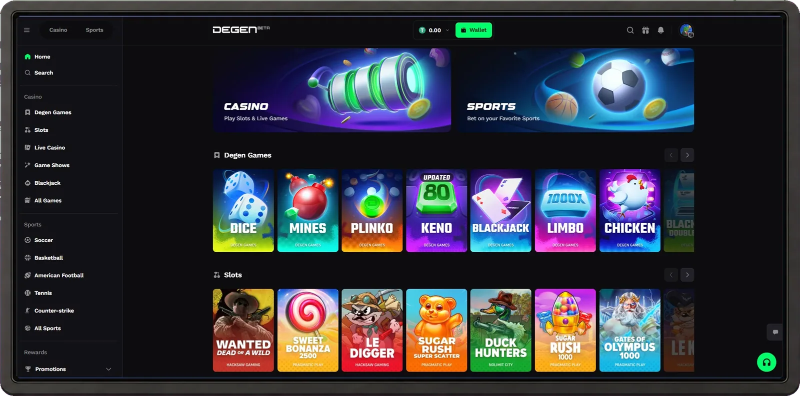 Degen casino desktop interface