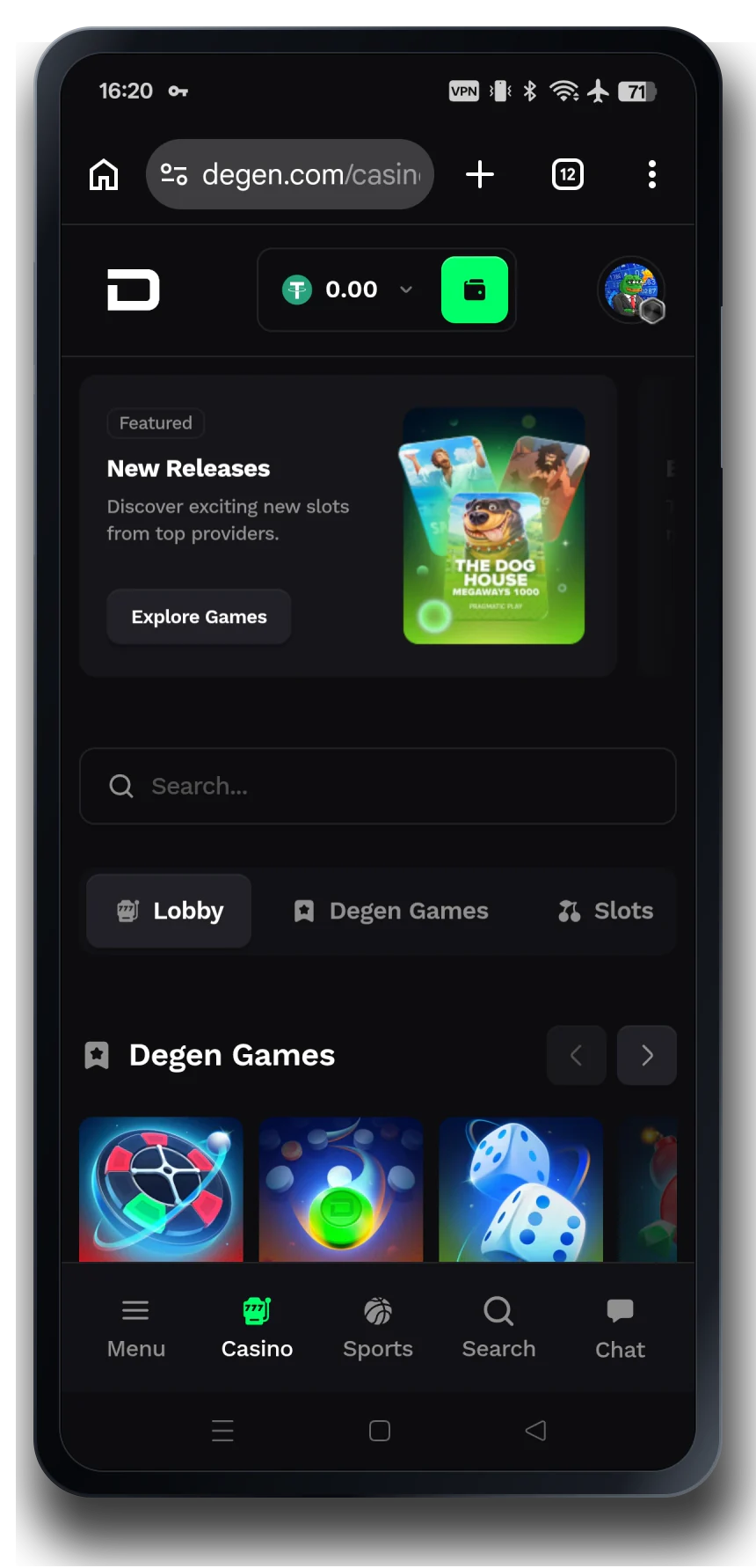 Degen casino mobile interface