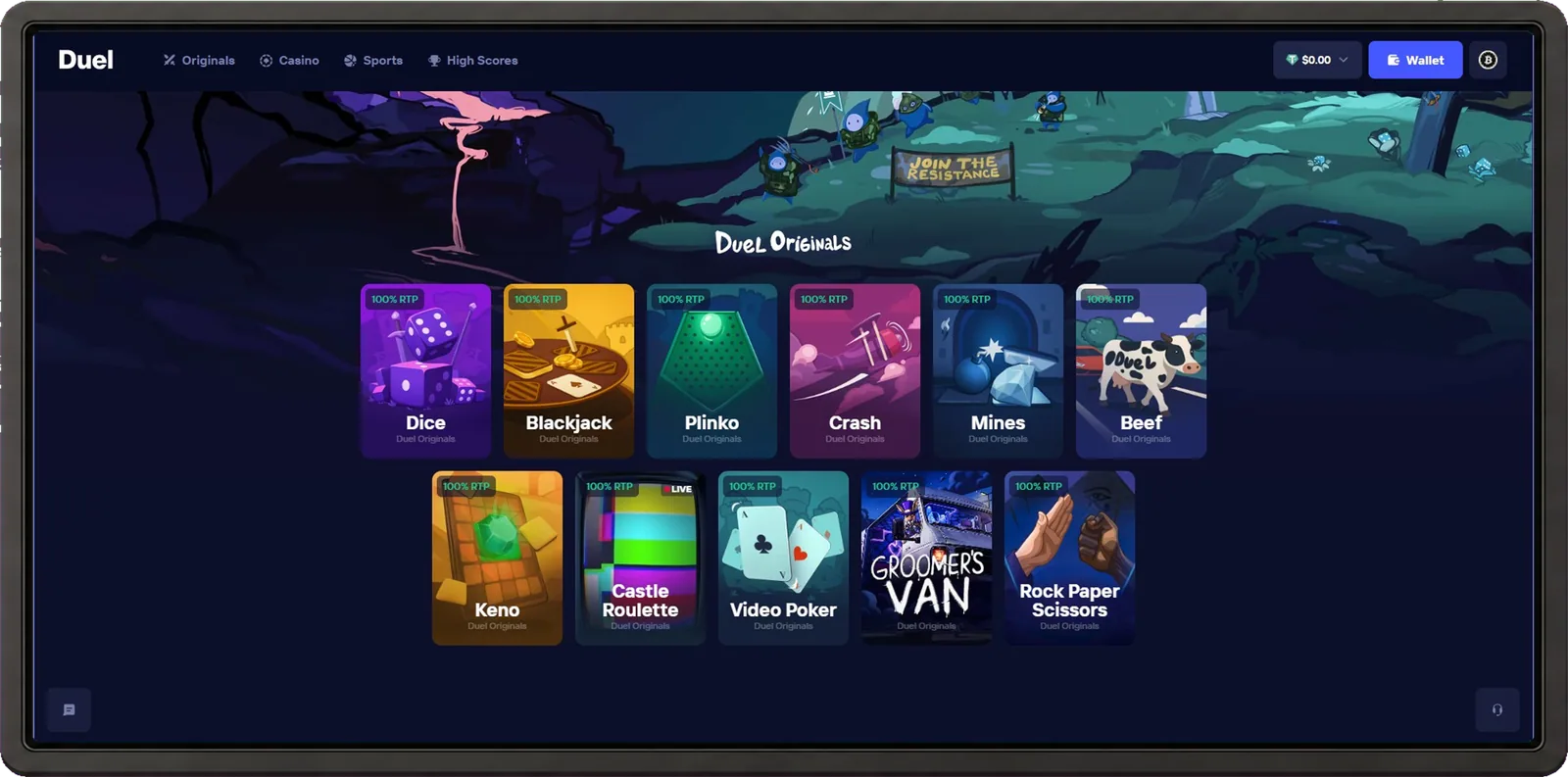 Duel casino desktop interface
