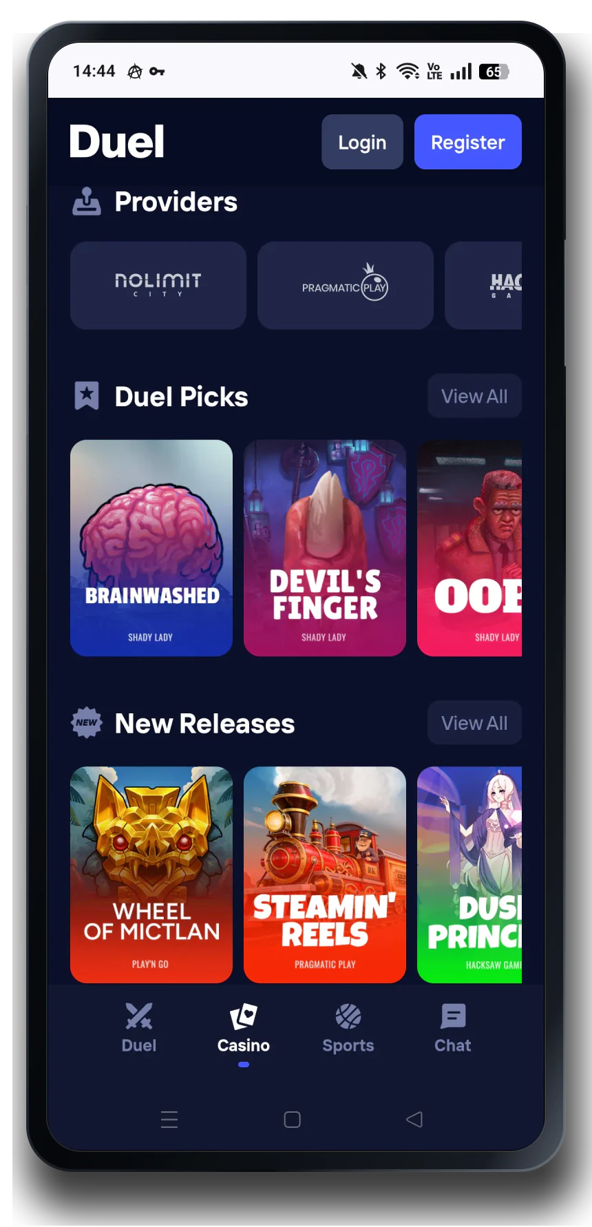 Duel casino mobile interface