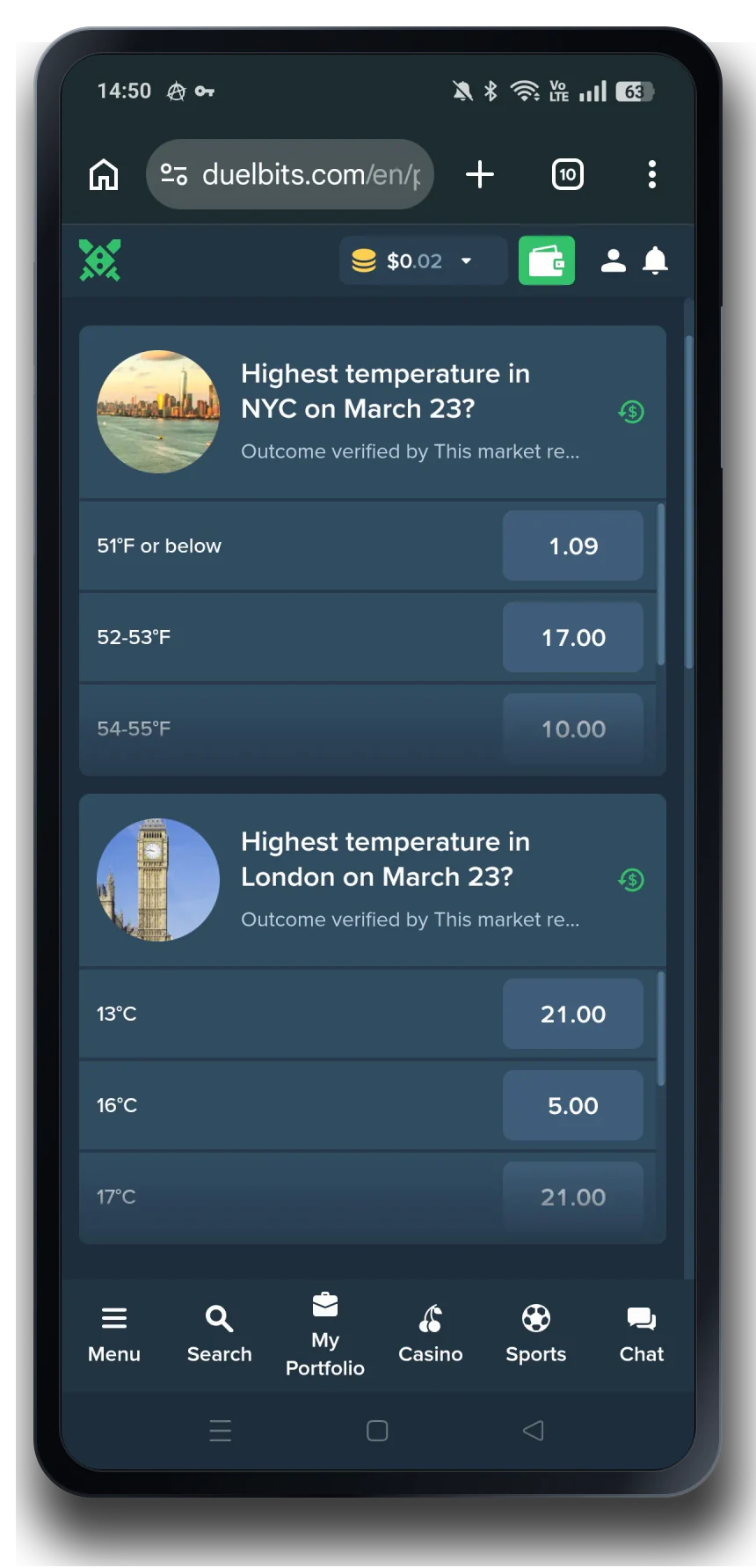 Duelbits casino mobile interface