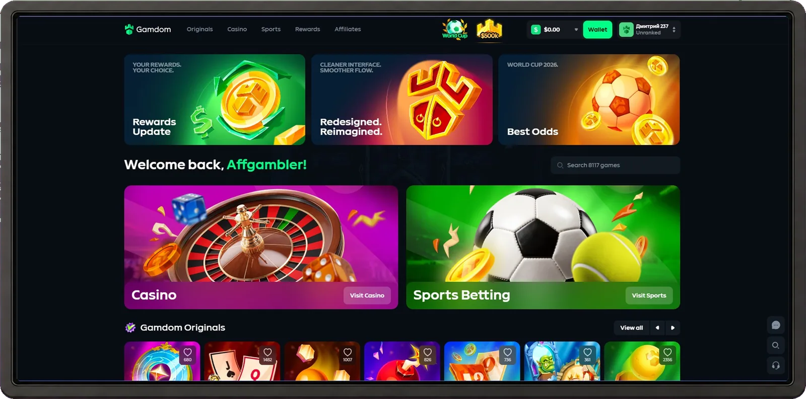 Gamdom casino desktop interface