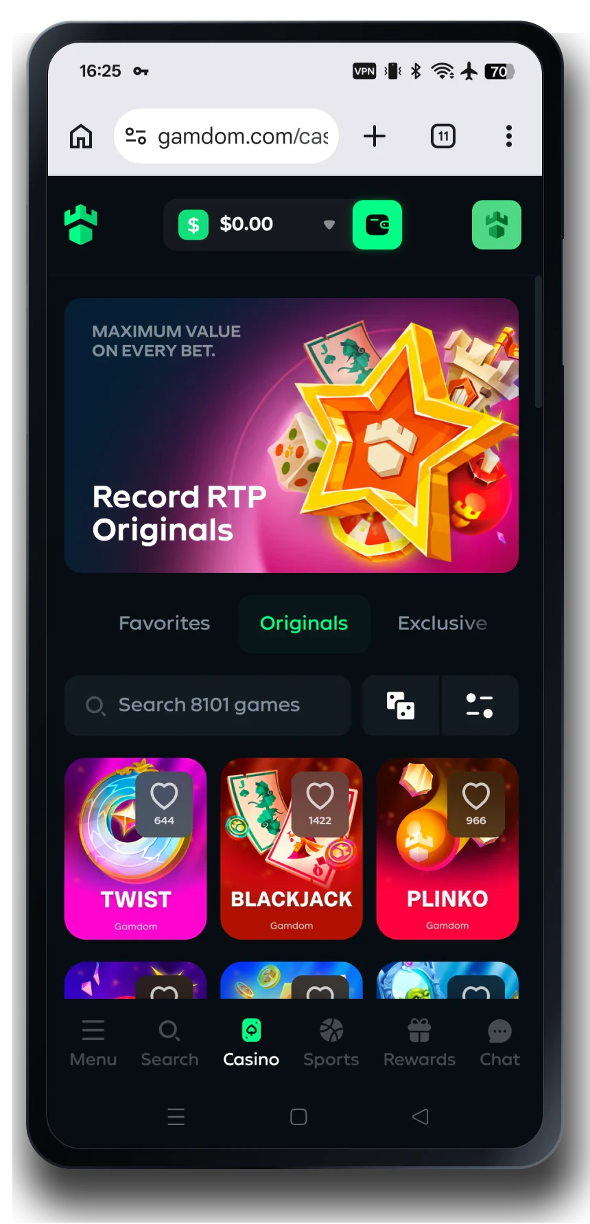 Gamdom casino mobile interface