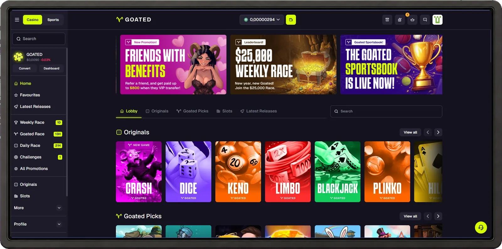 GOATED casino desktop interface