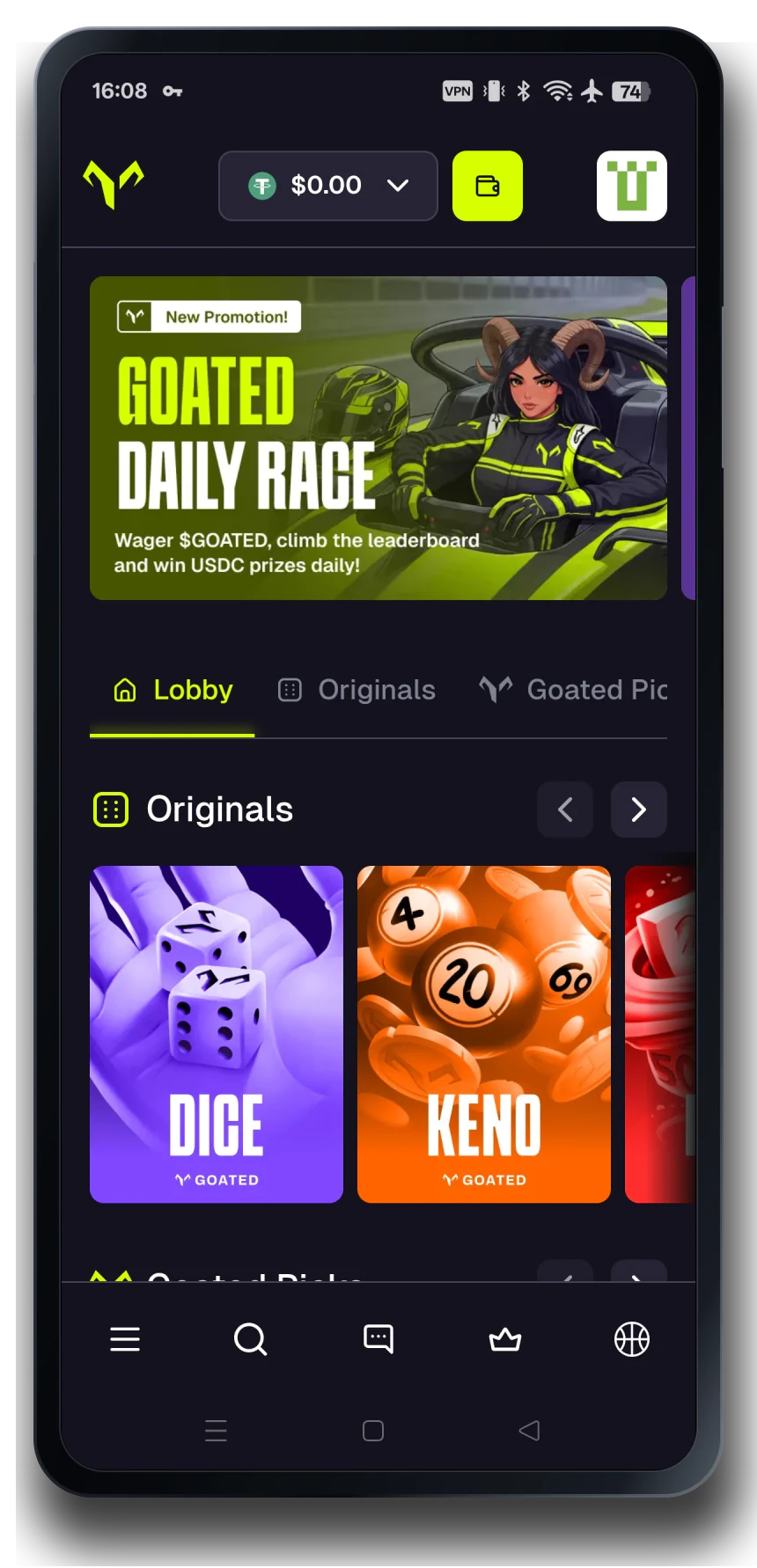 GOATED casino mobile interface