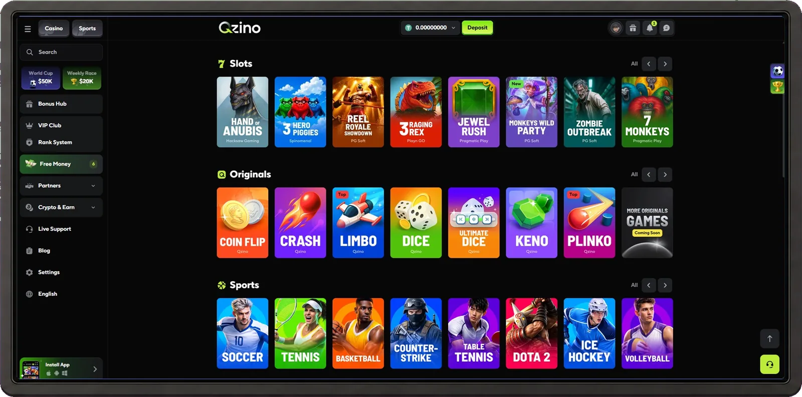Qzino casino desktop interface