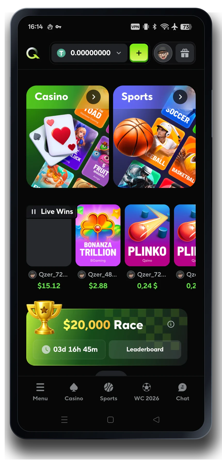 Qzino casino mobile interface