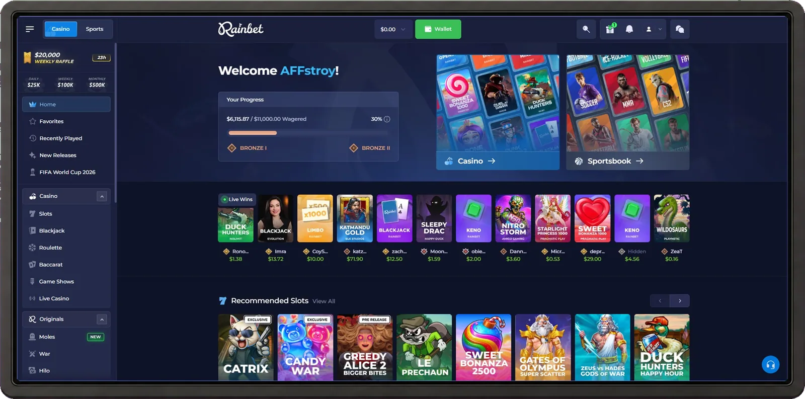 Rainbet casino desktop interface