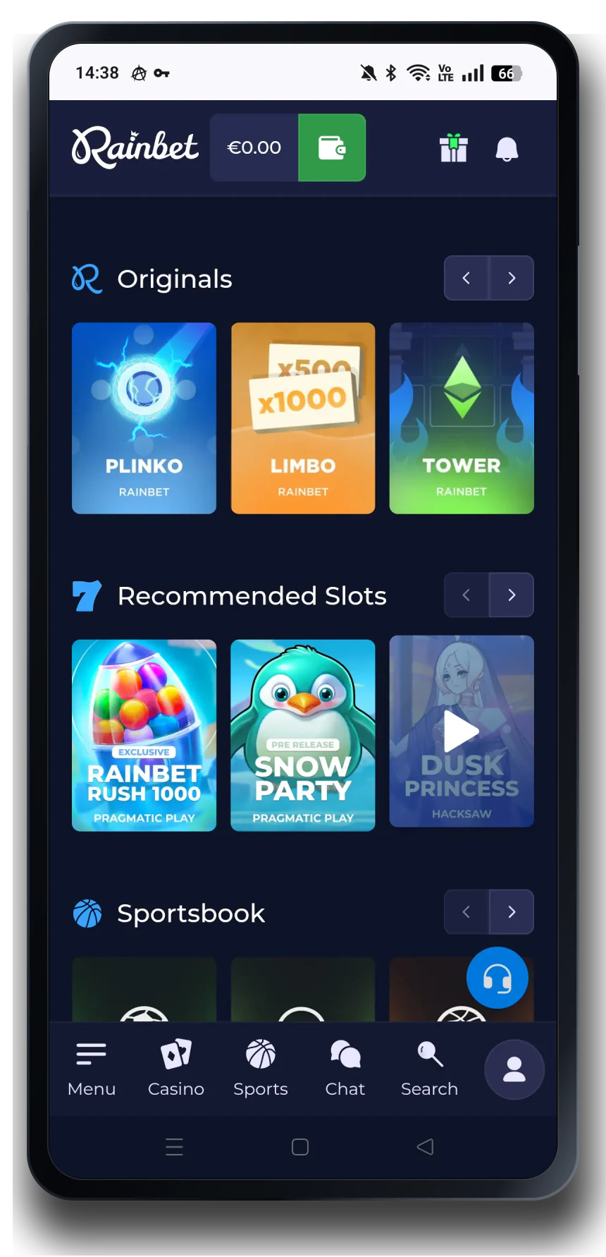 Rainbet casino mobile interface
