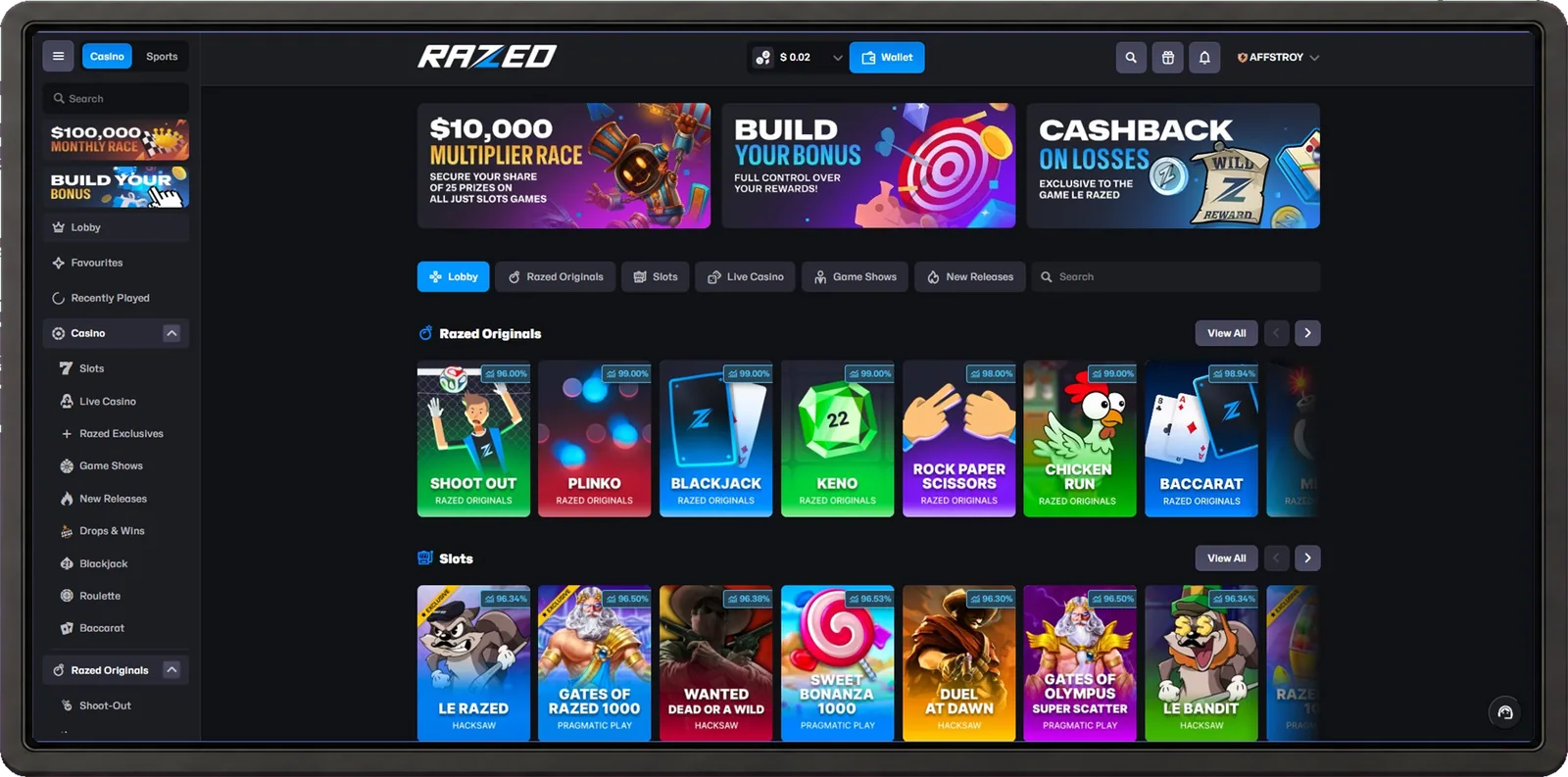 Razed casino desktop interface