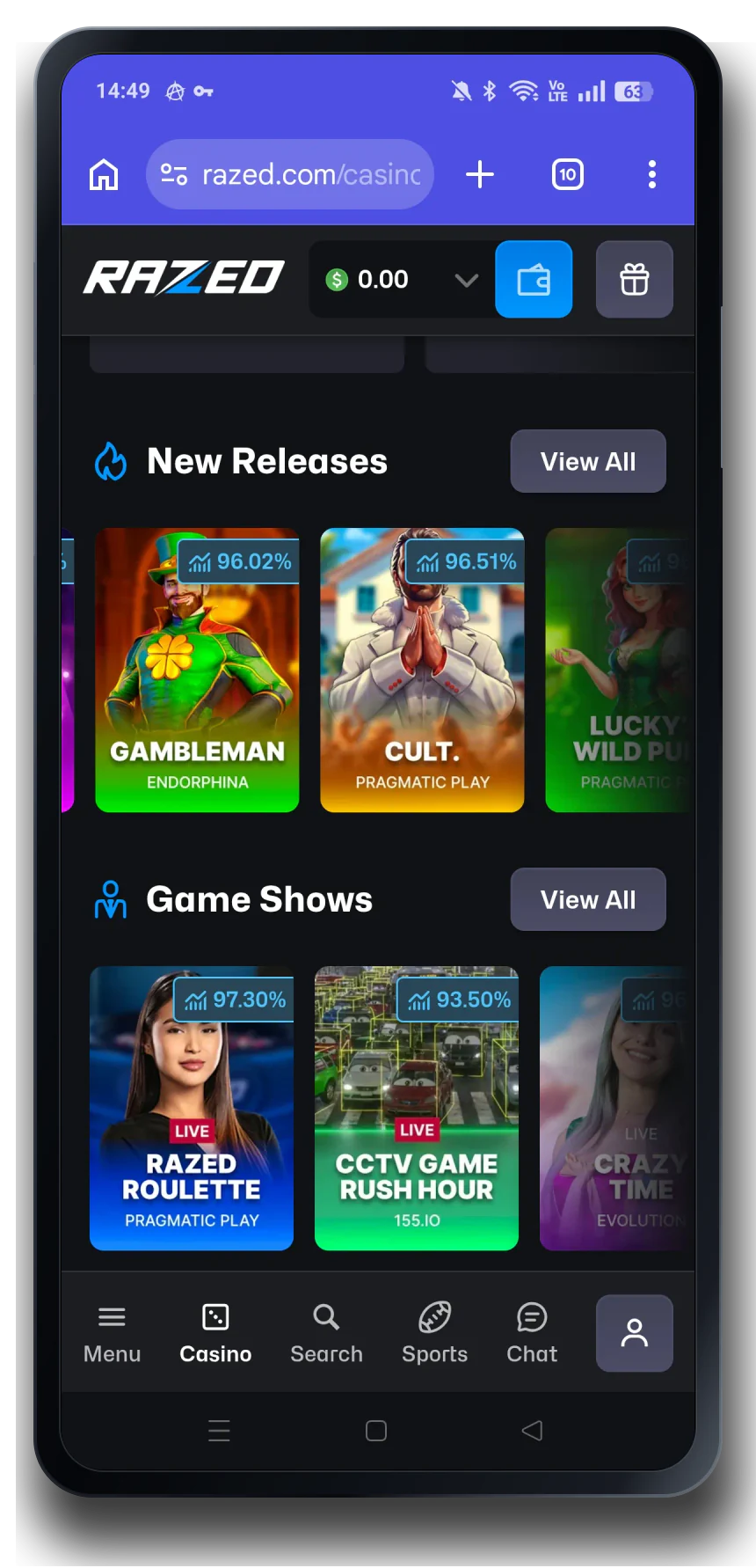 Razed casino mobile interface