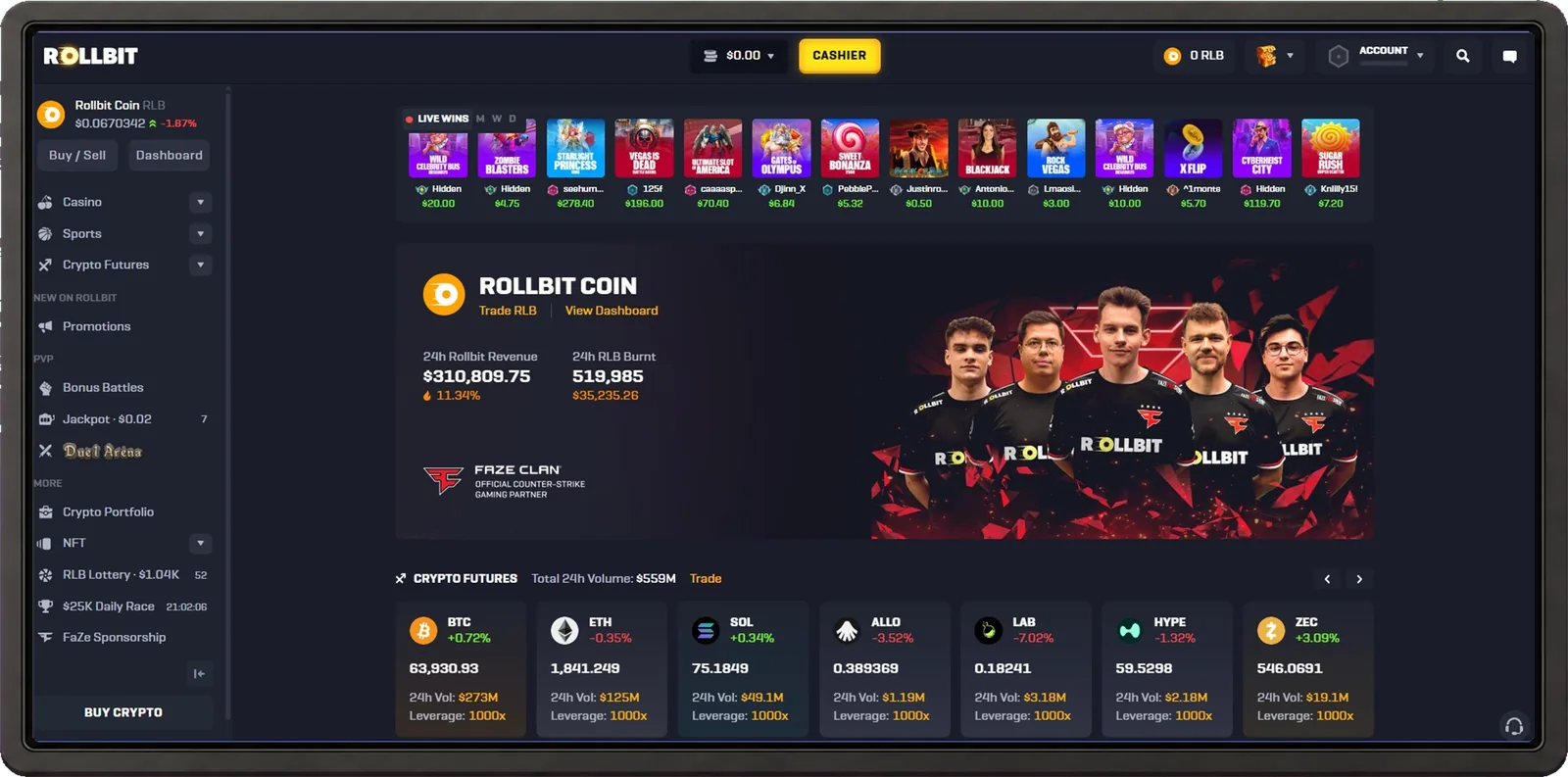 Rollbit casino desktop interface