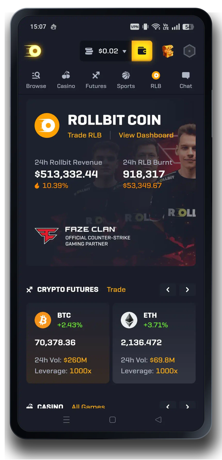 Rollbit casino mobile interface