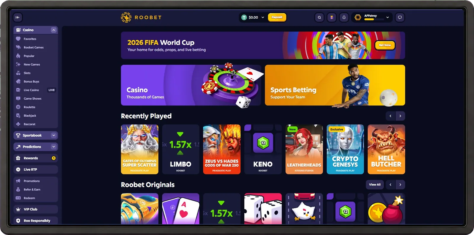 Roobet casino desktop interface