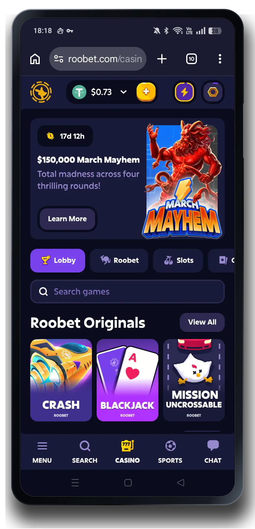 Roobet casino mobile interface