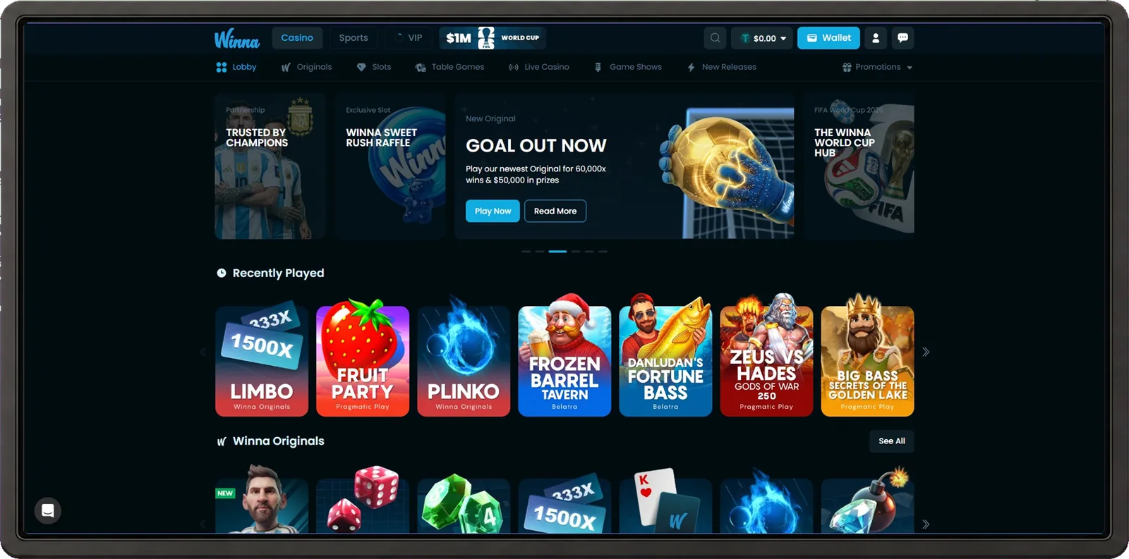 Winna casino desktop interface